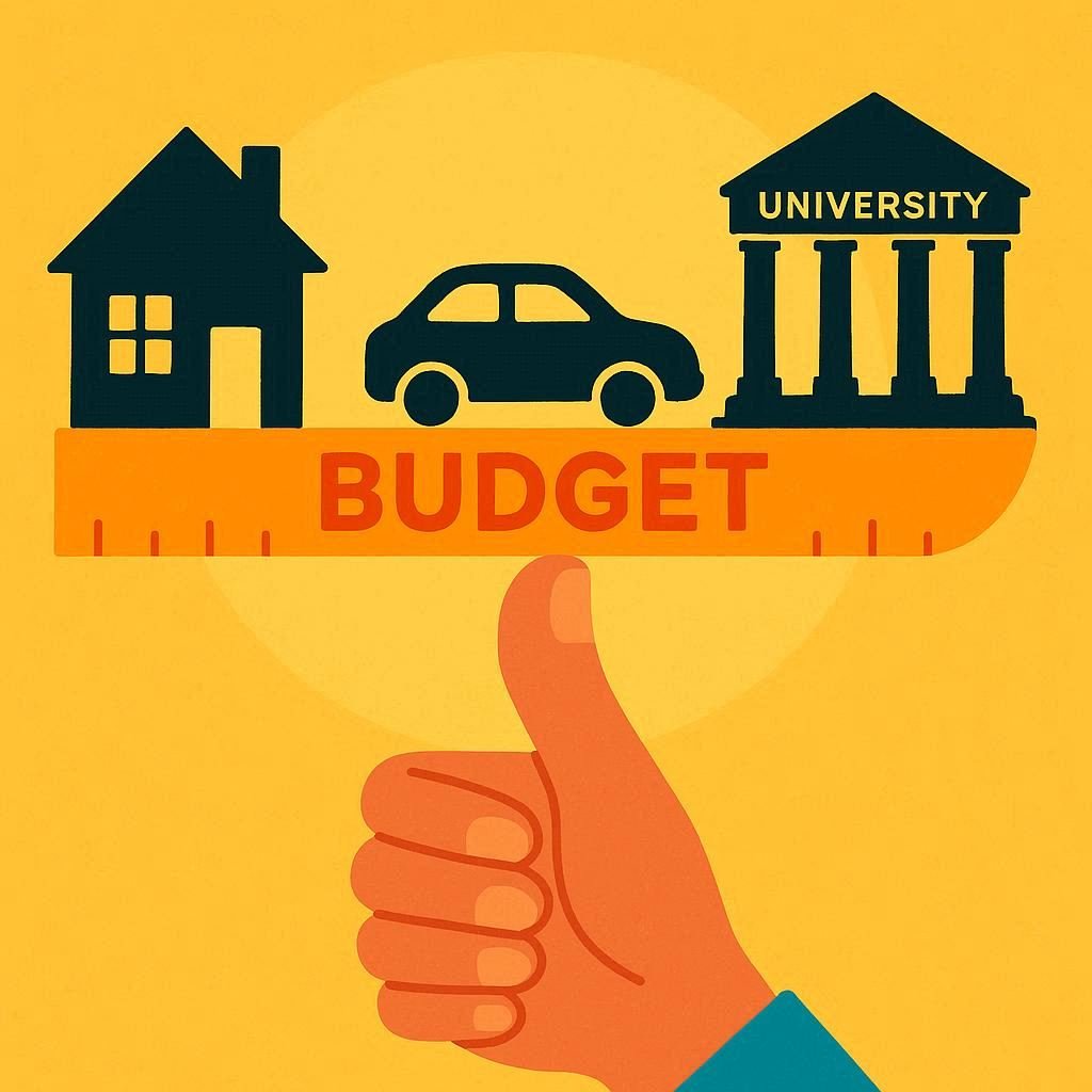 Person standing in front of a house with a dollar sign on it.