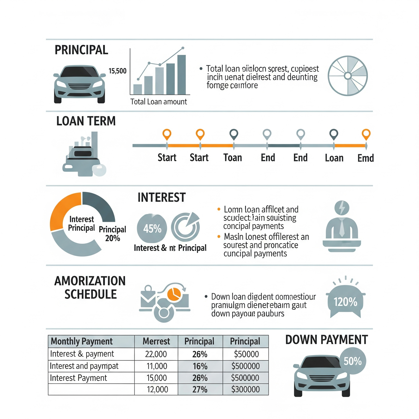 Illustration representing auto loan terminology with financial icons
