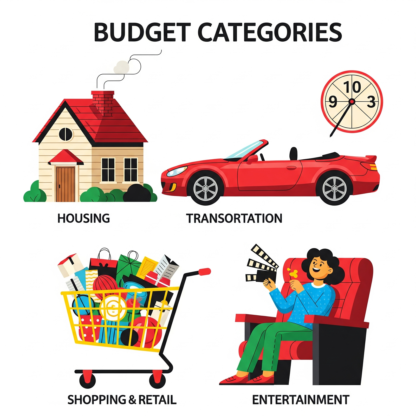 Illustration of various budget categories like a house, car, shopping cart, and a person enjoying entertainment.