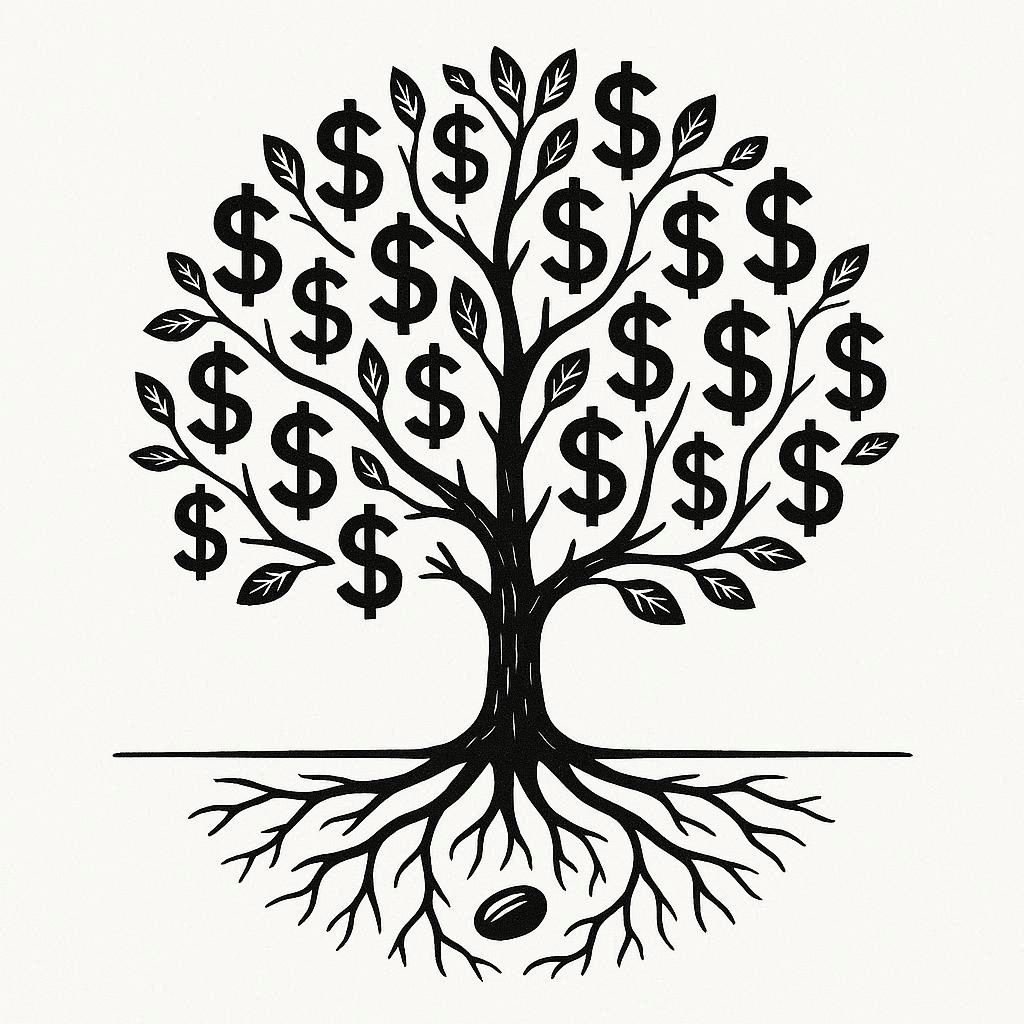 A person happily looking at a large amount of money growing, representing compound interest.