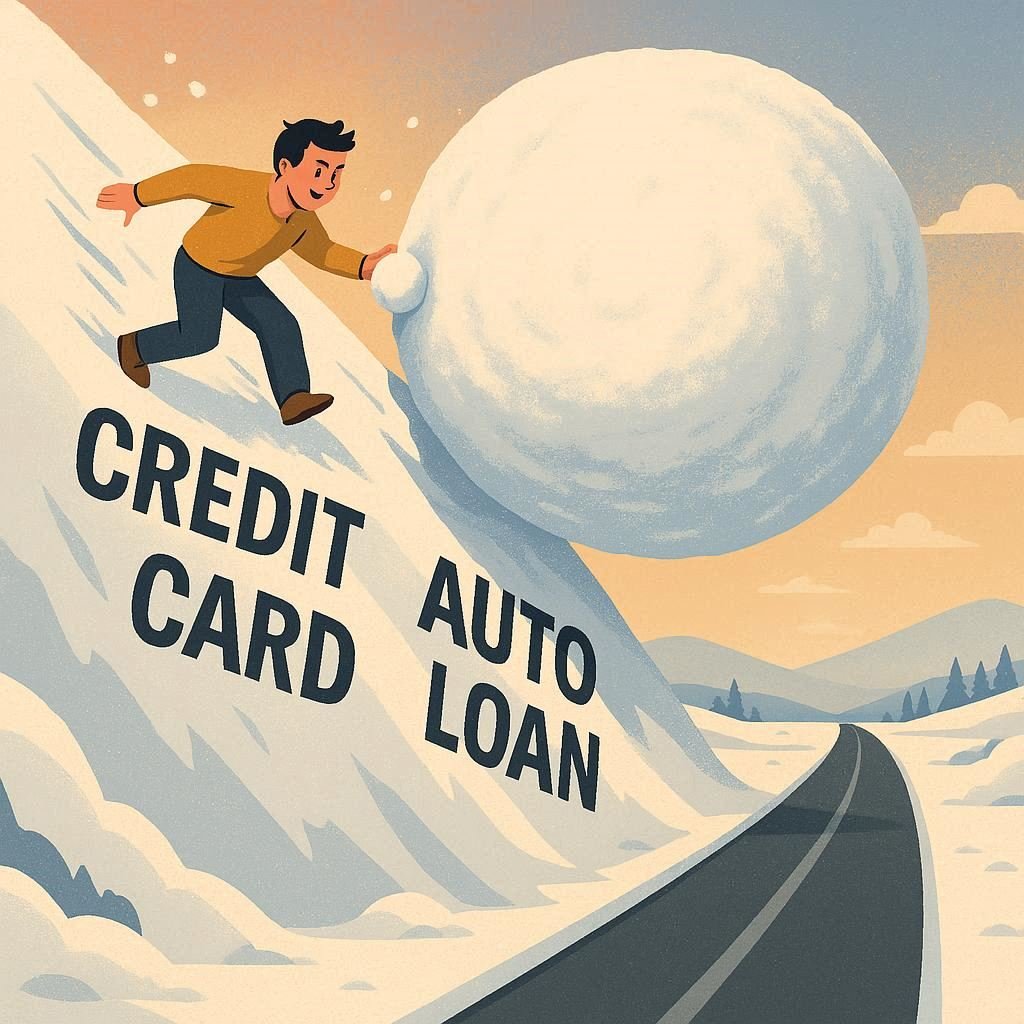 A person pushing a giant snowball made of debt, representing the debt snowball method.