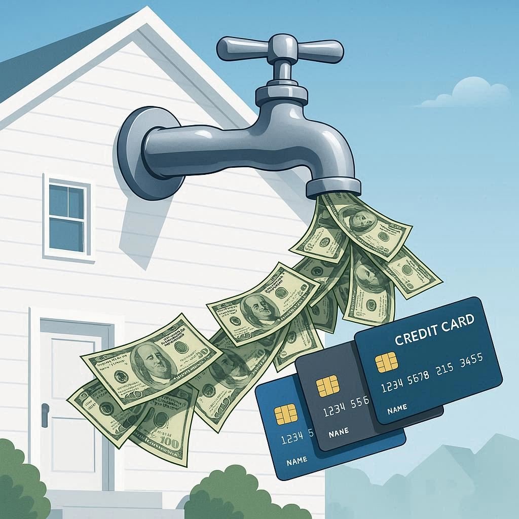 A house with a line connecting it to a large sum of money, representing a home equity line of credit.