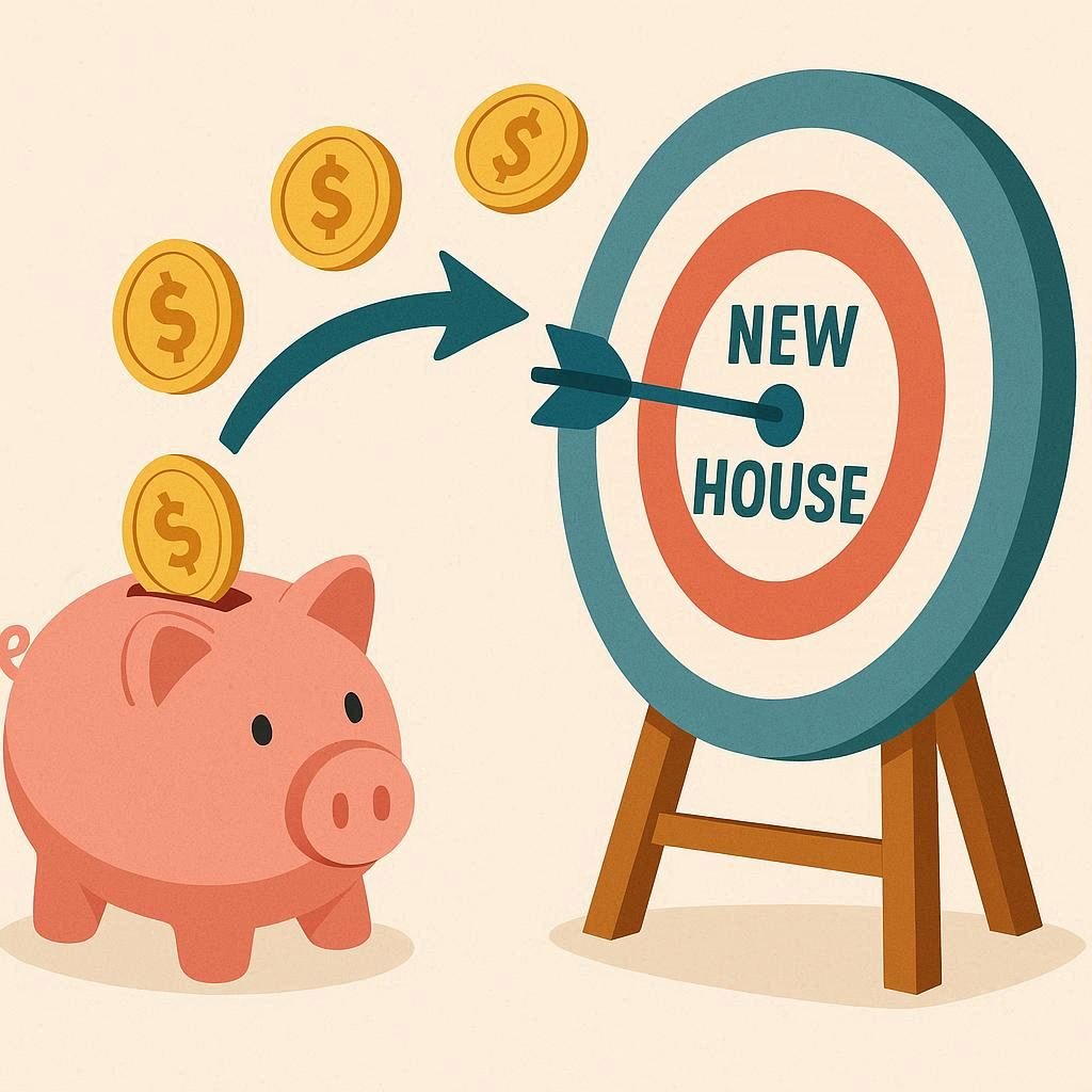 A person putting money into a piggy bank with a sign that says 'Goal'.